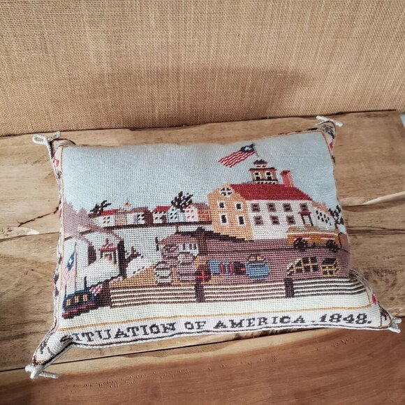 Vintage Katha Diddel 100% Wool 1848 American Mail Steamship Needlepoint Pillow - Picture 3 of 13